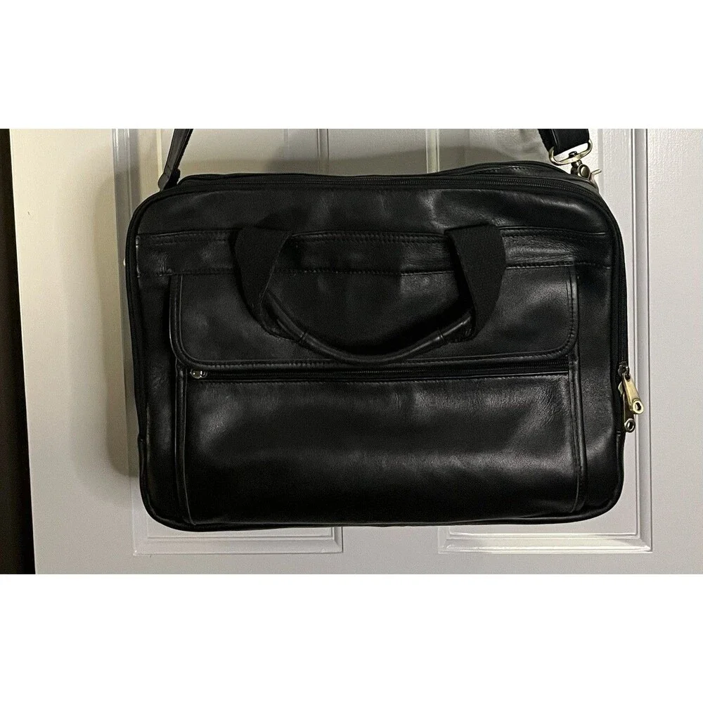 Black Leather Messenger/Laptop Bag With Pockets And Brass Hardware